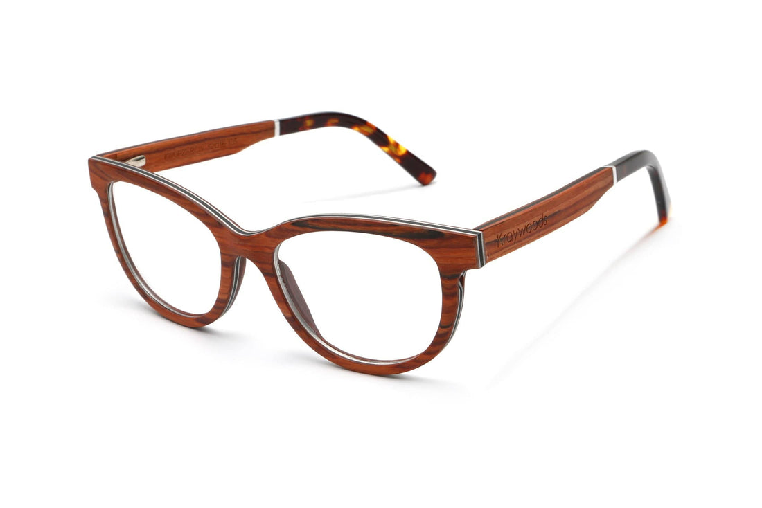 Charm Rose, Cat Eye Cherry Wood Glasses - Angled