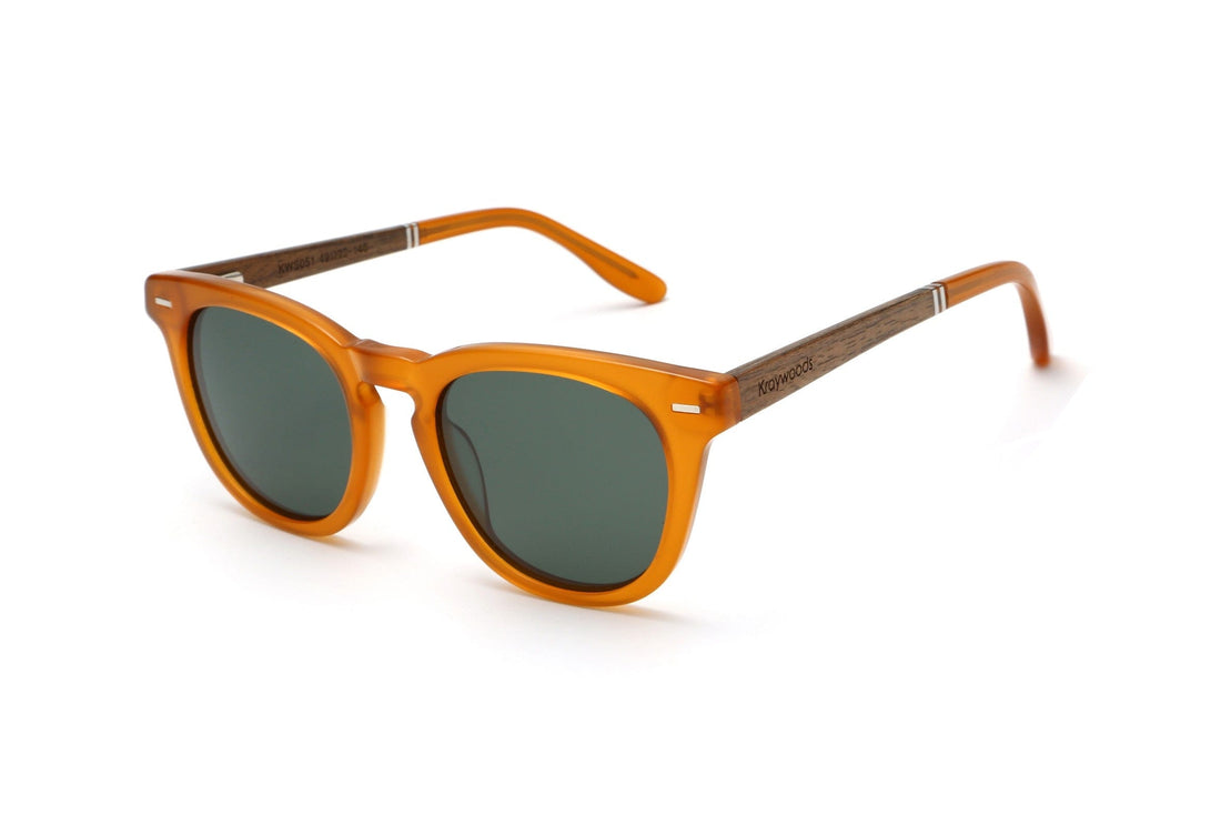 Sunset, Orange Round-Square Sunglasses with Polarized Green Lenses - Angled