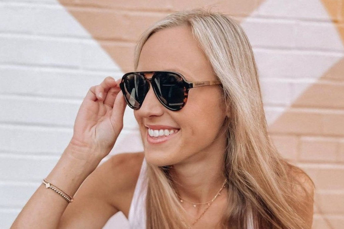 Woman wearing Runner, Green Tortoise Aviator Sunglasses