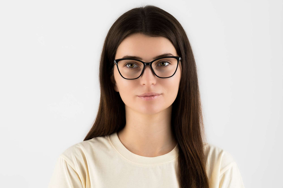 Woman wearing Allure Black, Cat Eye Black Acetate Glasses