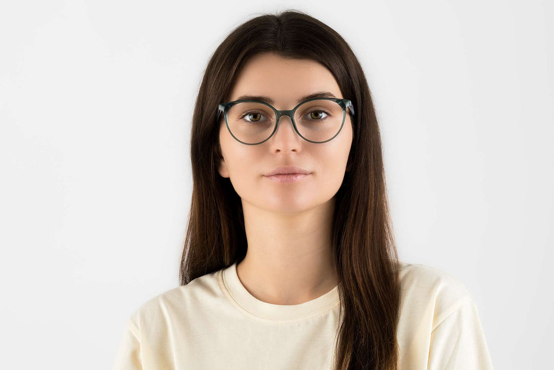 Woman wearing Felicity Blue, Oval Blue Turquoise Acetate Glasses