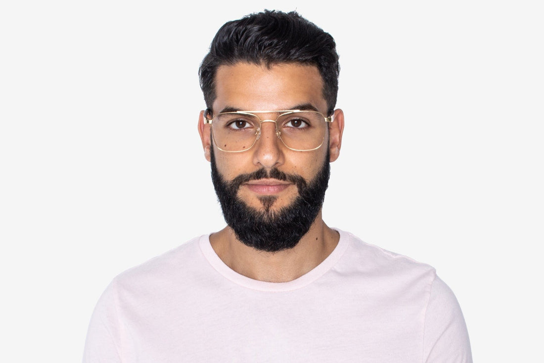 Man wearing Drive Gold, Retro Square Aviator Glasses