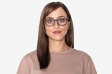 Woman wearing Bliss Purple, Small Rectangle Wood Glasse