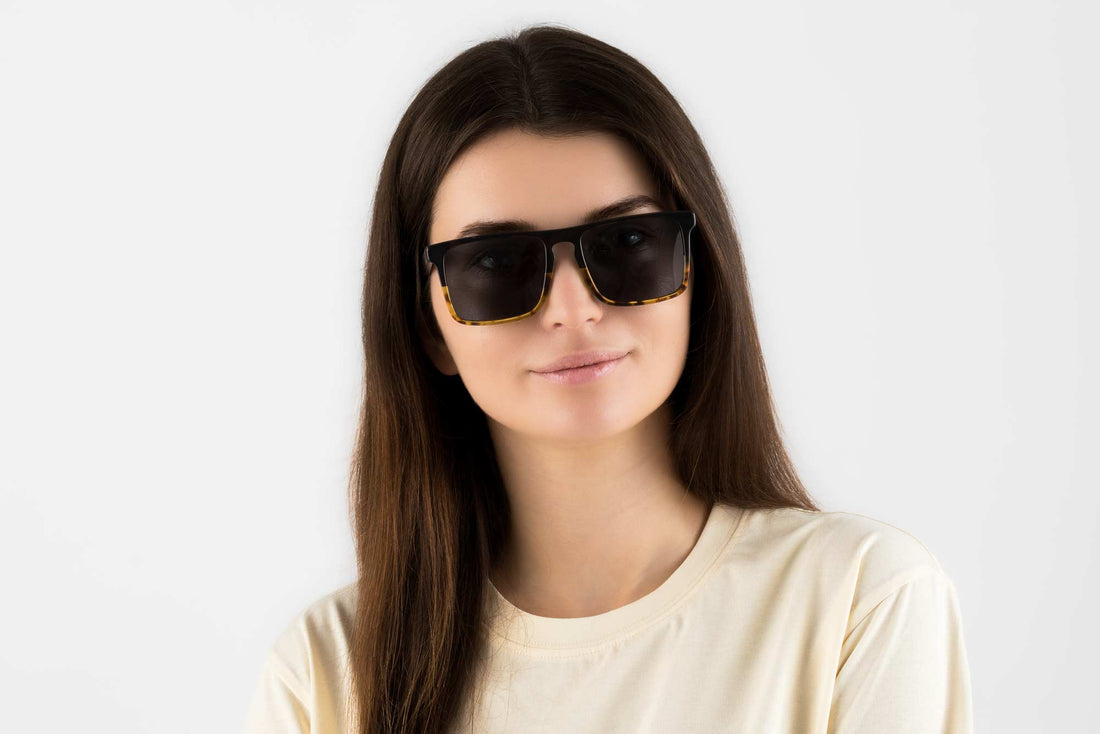 Woman wearing Felix, Yellow Tortoise Rectangle Sunglasses