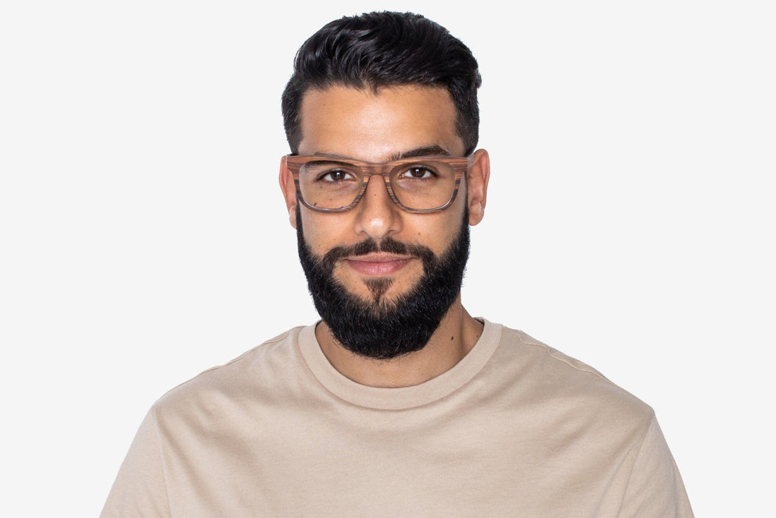 Man wearing Brave Rose, Square Rosewood Glasses