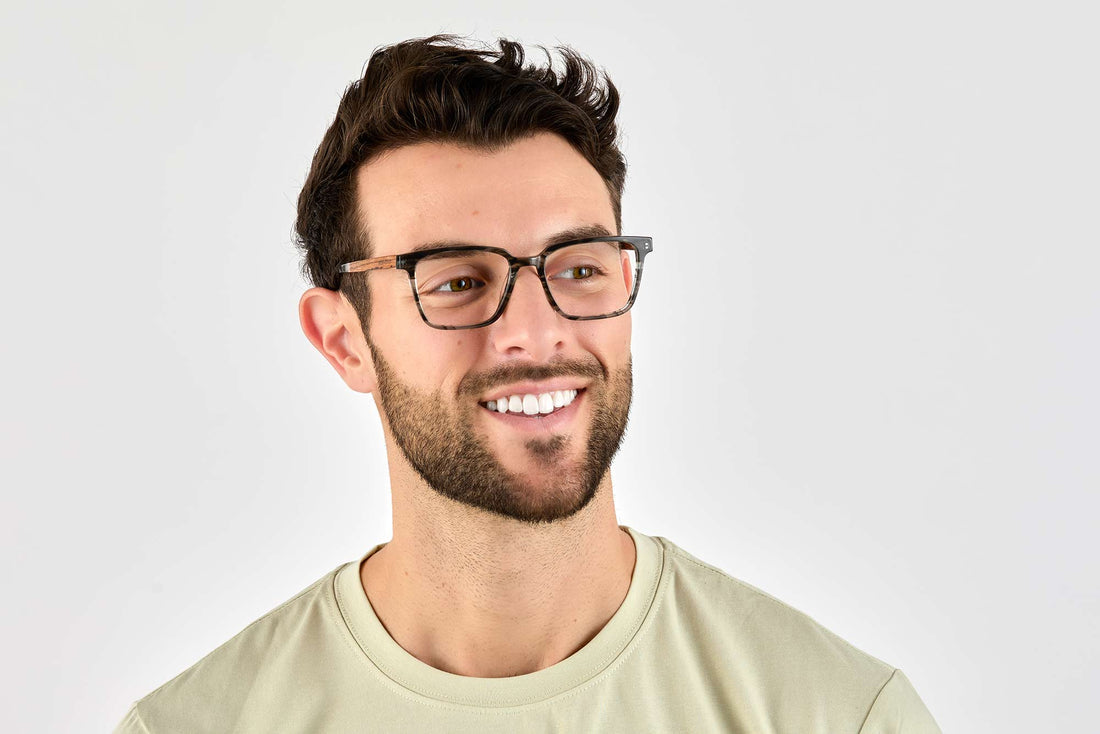 Man wearing Trust Grey, Grey Acetate Square Glasses