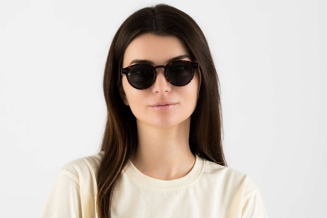 Woman wearing Trevor, Small Round Tortoise Sunglasses