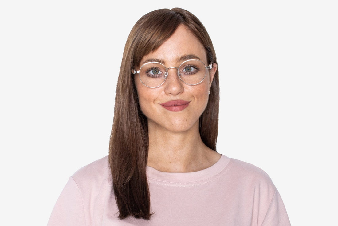 Woman wearing Joy Silver, Silver Metal Round Glasses