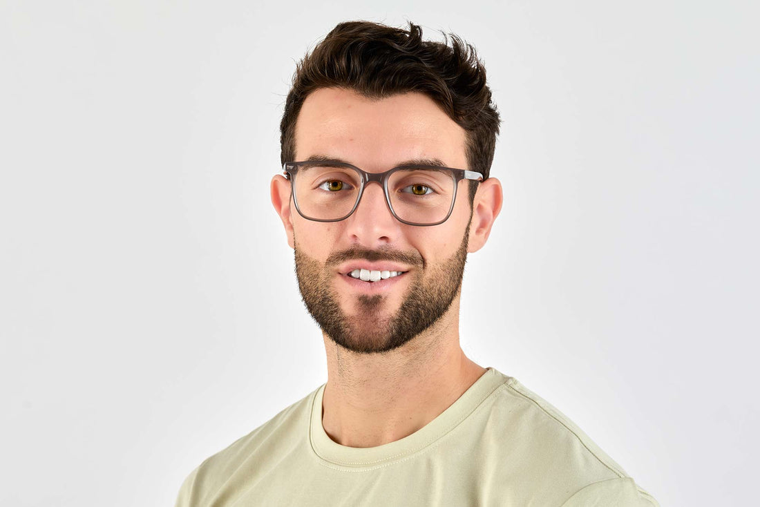 Man wearing Marvel Grey, Oversized Square Grey Acetate Glasses