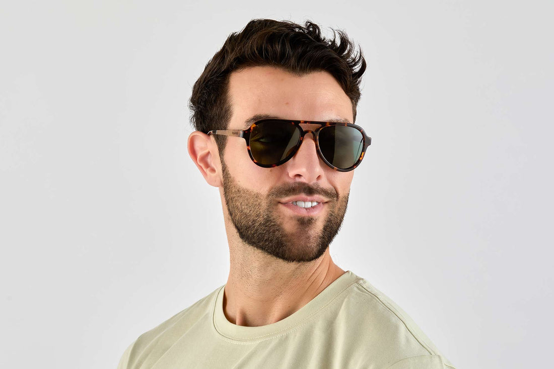 Man wearing Runner, Green Tortoise Aviator Sunglasses