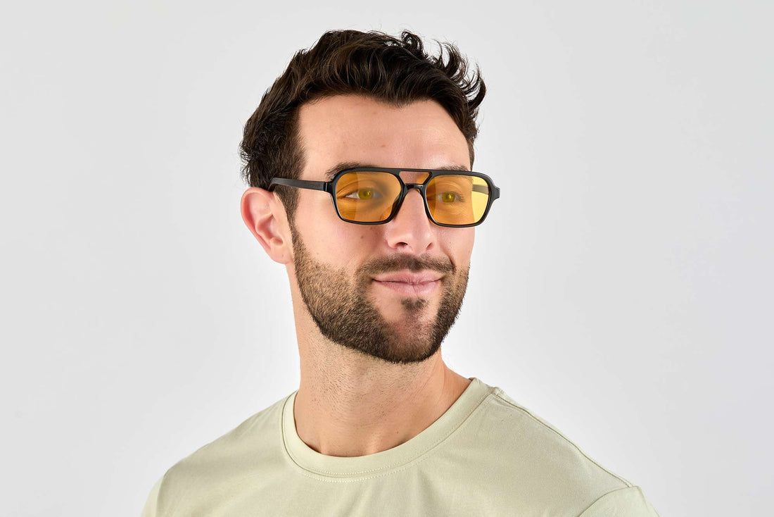 Man wearing Ryder Yellow, Retro Aviator Sunglasses