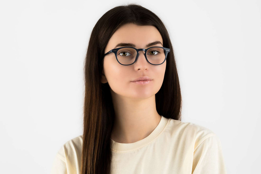 Woman wearing Dash Navy, Retro Square Navy Blue Acetate Glasses