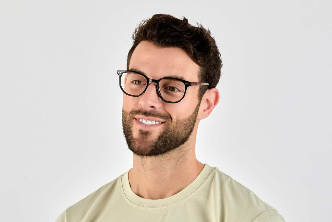 Man wearing Faith Black, Black Acetate Geometric Glasses