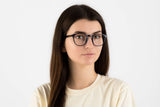 Woman wearing Dare Navy, Retro Square Navy Blue Acetate Glasses