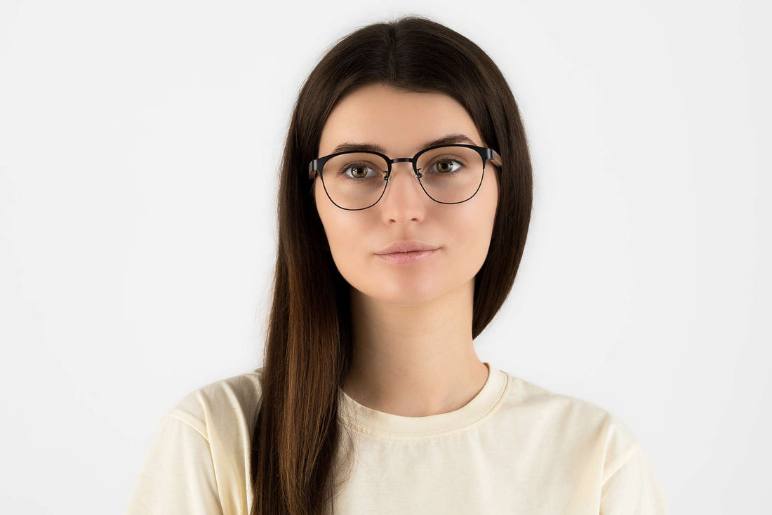 Woman wearing Honest Black, Black Browline Glasses