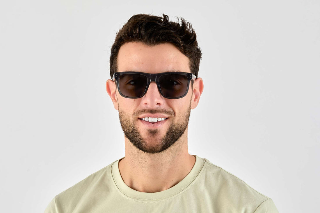 Man wearing Grayson, Navy Square Sunglasses