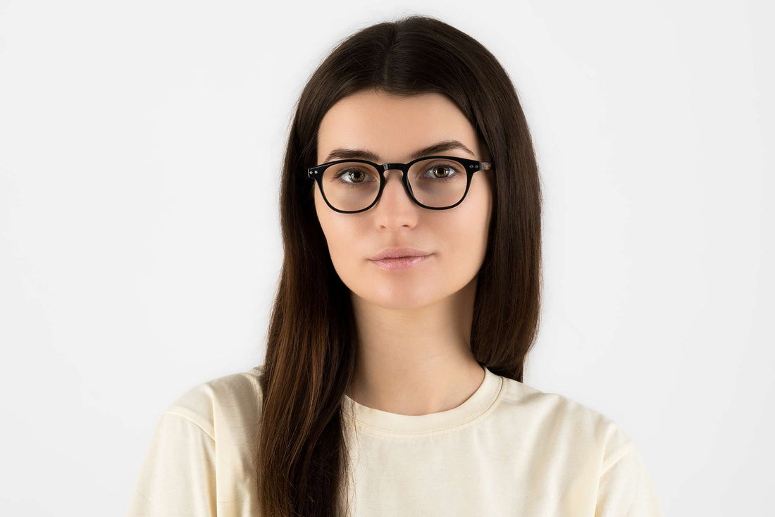 Woman wearing Dash Black, Retro Square Black Acetate Glasses