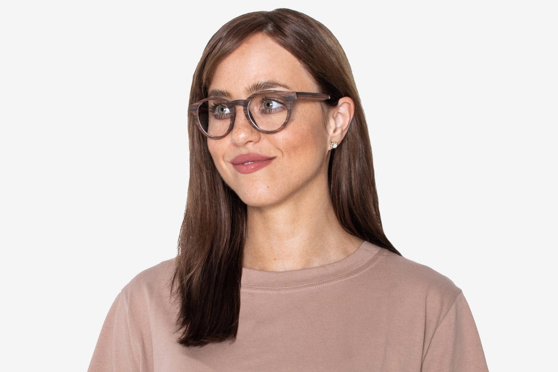 Woman wearing Cheer Rose, Retro Round Rosewood Glasses