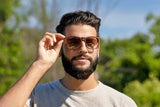 Man wearing Hazel, Gradient Brown Square Sunglasses