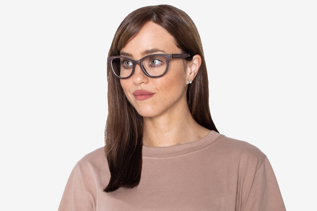 Woman wearing Charm Purple, Cat Eye Sandal Wood Glasses