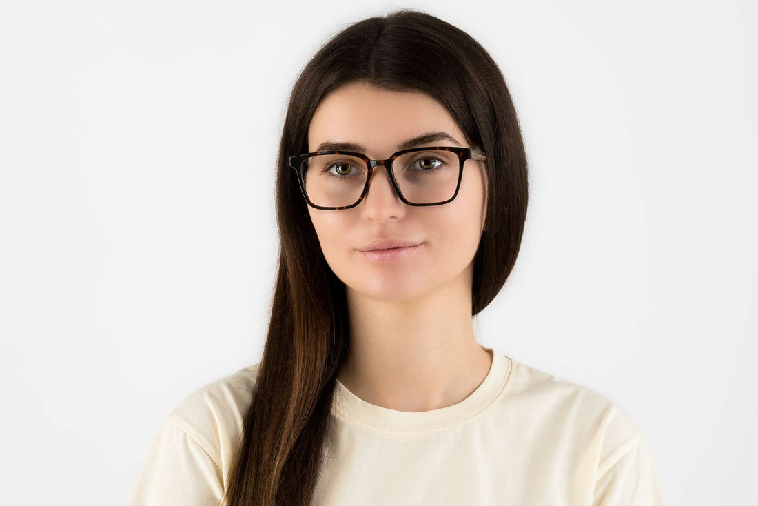 Woman wearing Trust Brown, Brown Acetate Square Glasses