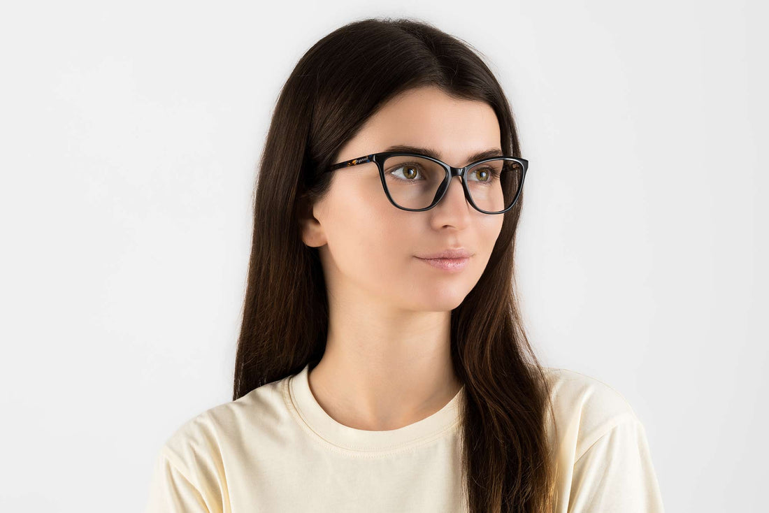 Woman wearing Allure Black, Cat Eye Black Acetate Glasses