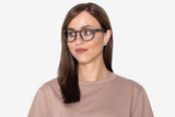 Woman wearing Cheer Black, Retro Round Oak Wood Glasses