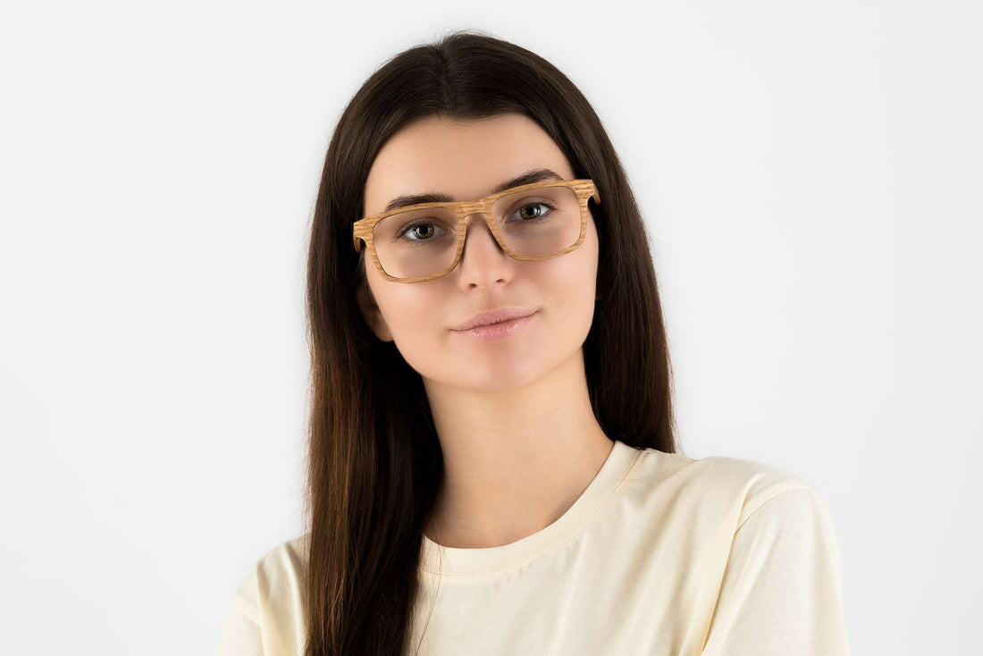 Woman wearing Bold Blonde, Rectangle Yellow Zebra Wood Glasses