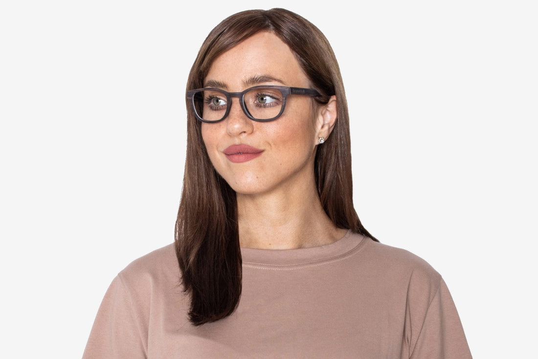 Woman wearing Bliss Purple, Small Rectangle Wood Glasse