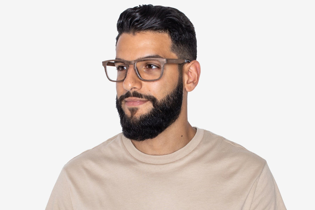 Man wearing Bold Brown, Rectangle Brown Oak Wood Glasses