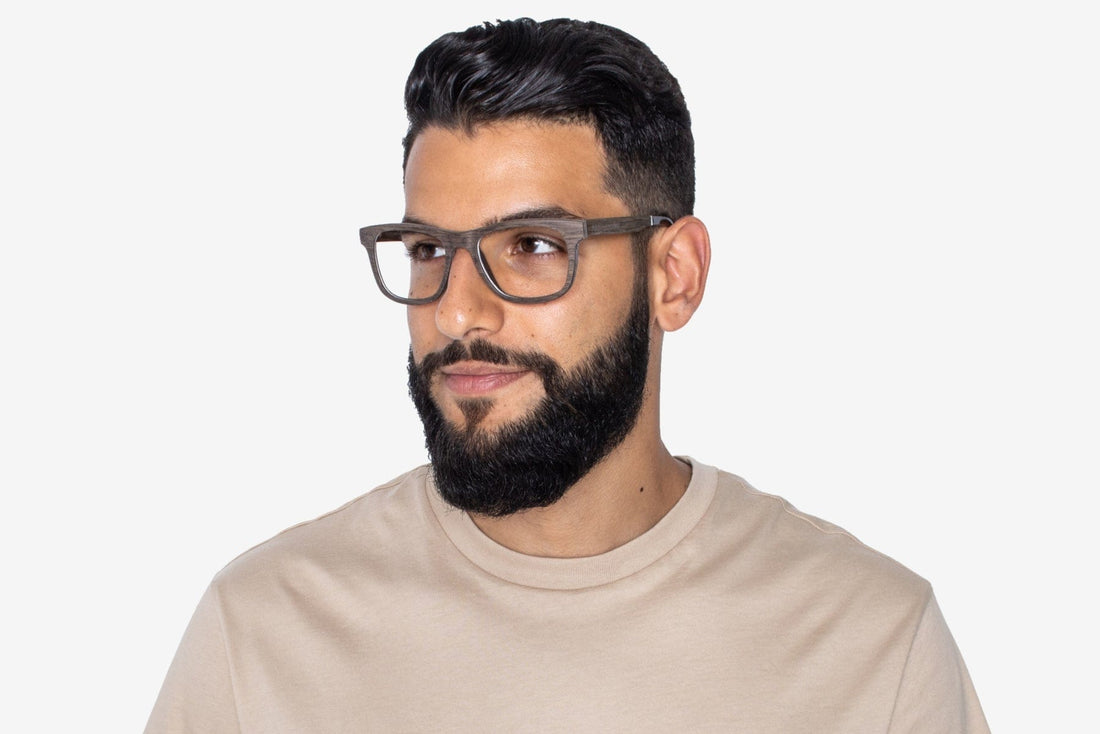 Man wearing Brave Brown, Square Walnut Wood Glasses