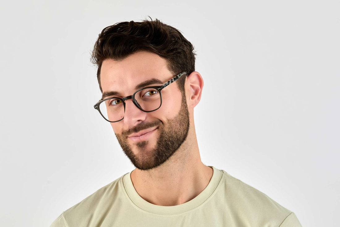 Man wearing Dare Black, Retro Square Black Acetate Glasses