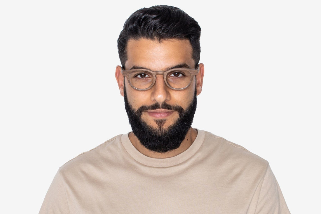 Man wearing Harmony Brown, Rounded Square Wood Glasses