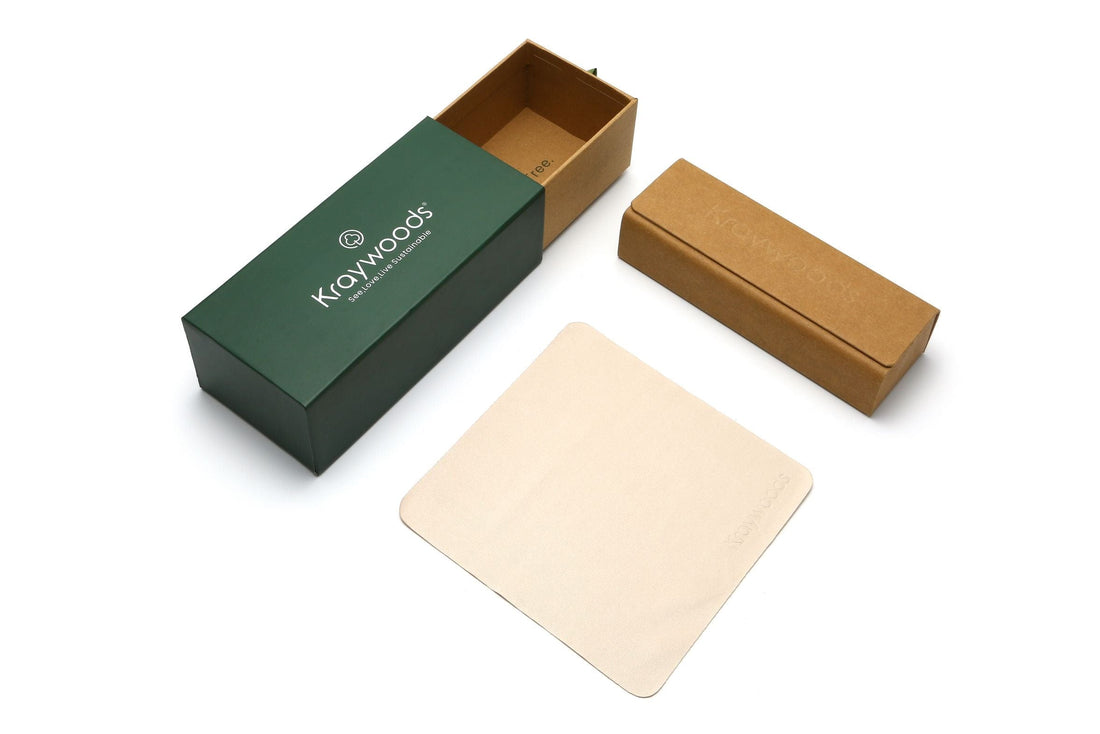 Kraywoods Eyeglasses Case - cardboard box, PU case and Micro-fibre cleaning cloth