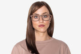 Woman wearing Bold Brown, Rectangle Brown Oak Wood Glasses