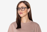 Woman wearing Brave Brown, Square Walnut Wood Glasses