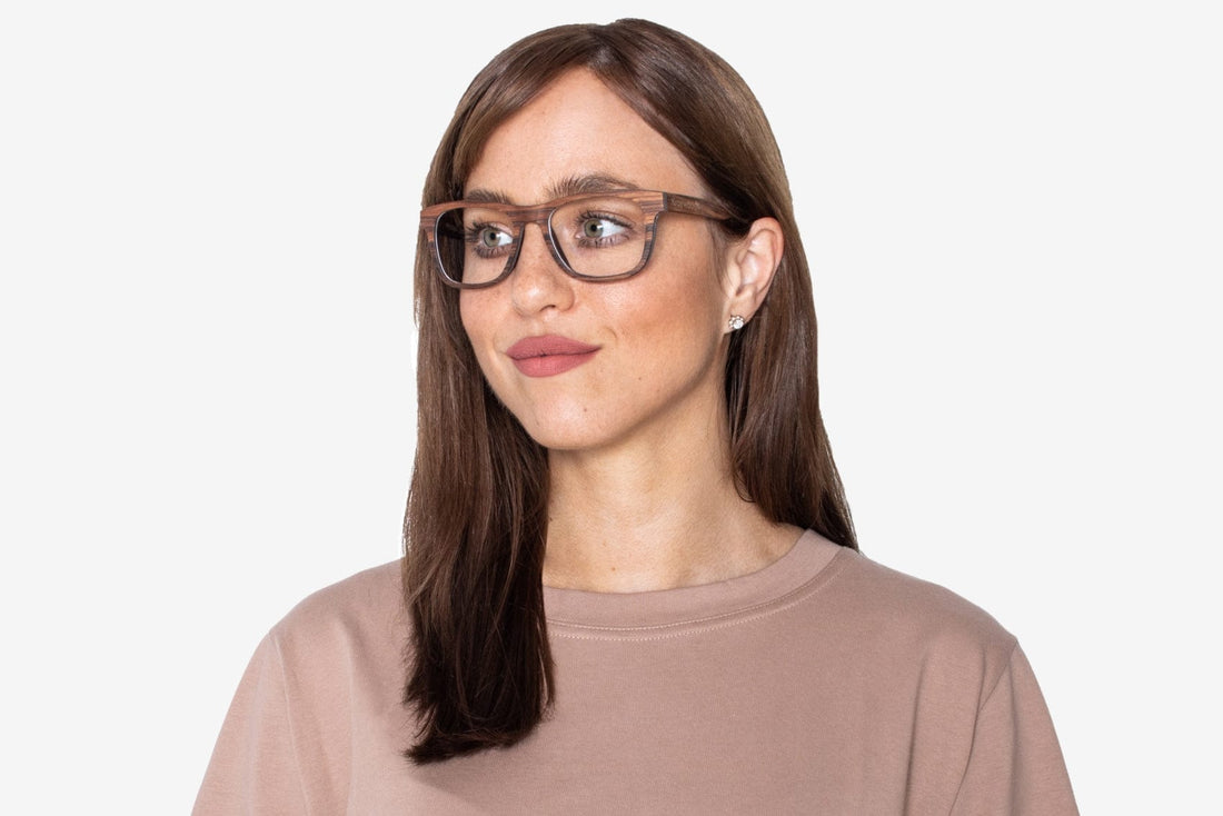 Woman wearing Brave Rose, Square Rosewood Glasses