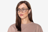 Woman wearing Bold Brown, Rectangle Brown Oak Wood Glasses