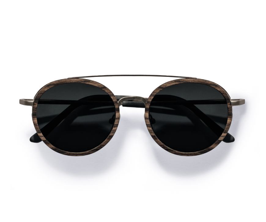 Kraywoods Challenger, wayfarer sunglasses made from ebony wood with polarized dark lenses