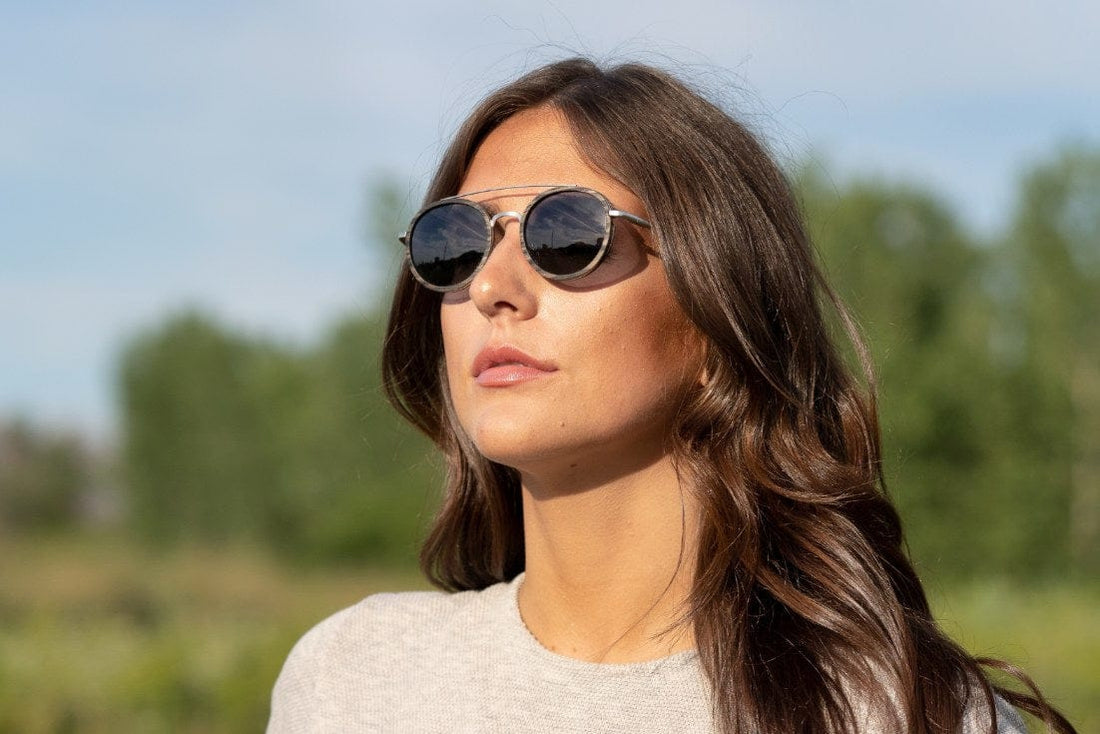 Woman wearing Aspen Silver, Round Double Bridge Sunglasses