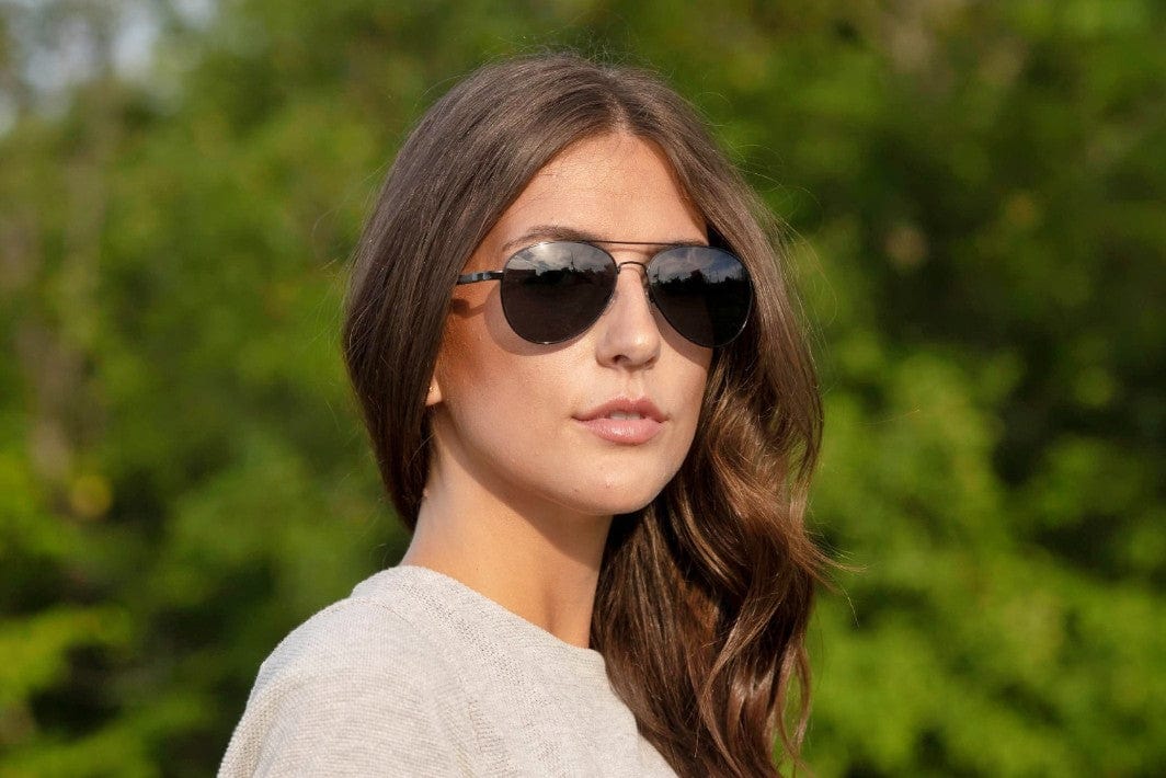 Woman wearing Leo, Black Aviator Sunglasses with Polarized Lens