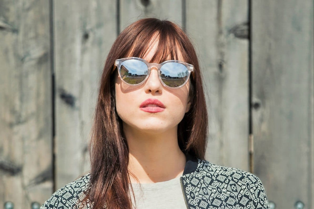 Woman wearing Groove, Round Clear Frame Reflective Sunglasses