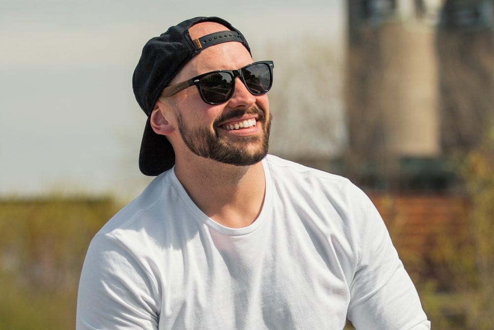 Man wearing Challenger, Black Wood Square Sunglasses