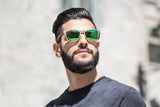 Man wearing Racer, Wood Polarized Green Mirror Sunglasses