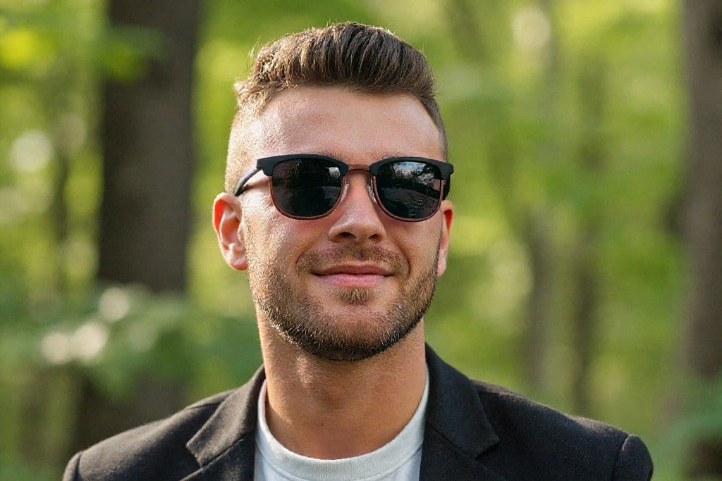 Man wearing Casper, Browline Wood Sunglasses