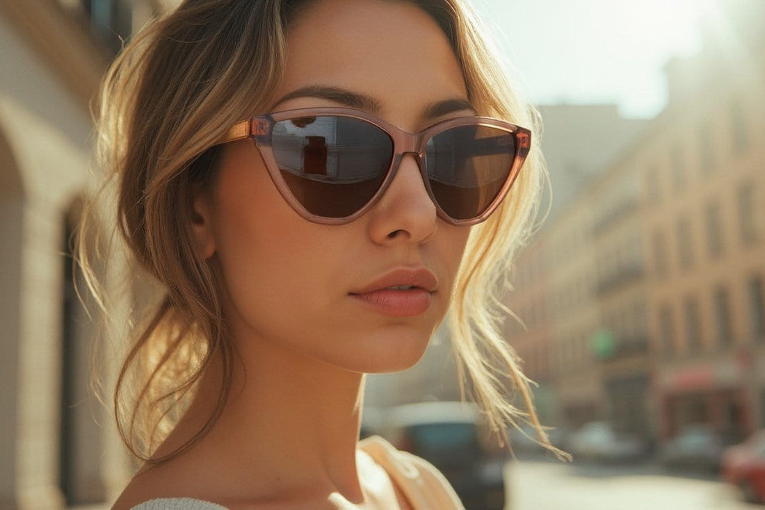 Woman wearing Audrey, Pink Oversized Cat Eye Sunglasses