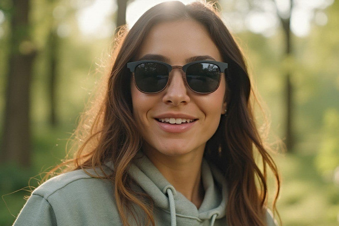 Woman wearing Casper, Browline Wood Sunglasses