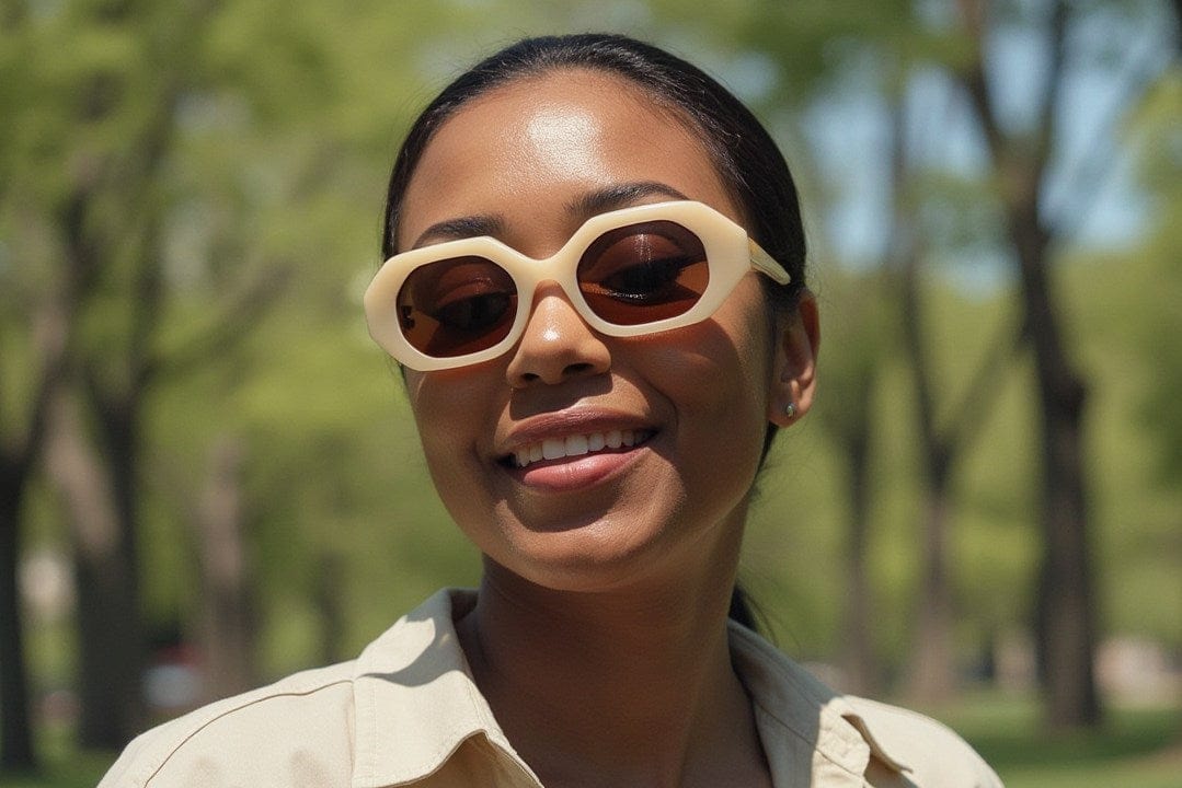 Woman wearing Mia Ivory, Ivory Octagon Geometric Sunglasses