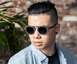 Man wearing Kraywoods Ash, Vintage Aviator Sunglasses made from Walnut Wood and 100% UV Protection, Polarized Lenses